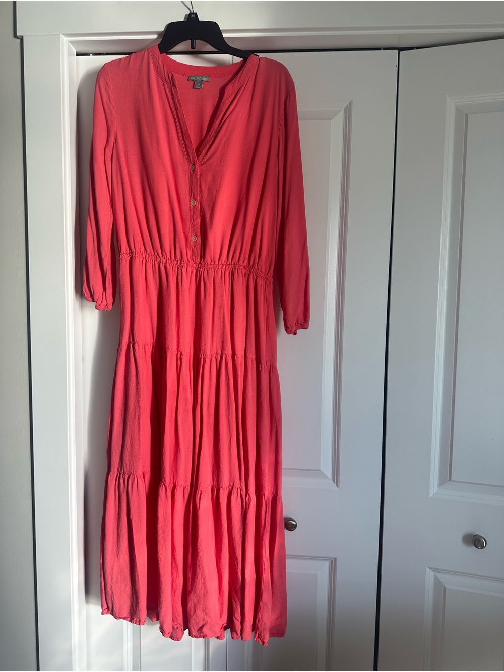 Falls Creek Coral Tiered Button-Front Maxi Dress